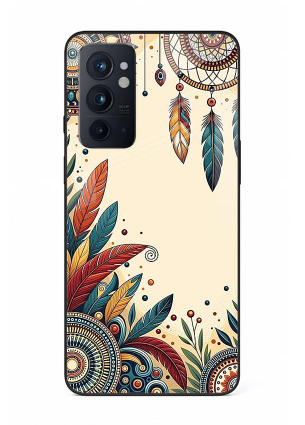 Boho dreamcatcher floral artwork on OnePlus 9RT glass back cover with airy botanical details.