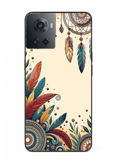Boho dreamcatcher floral artwork on OnePlus 10R glass back cover with airy botanical details.