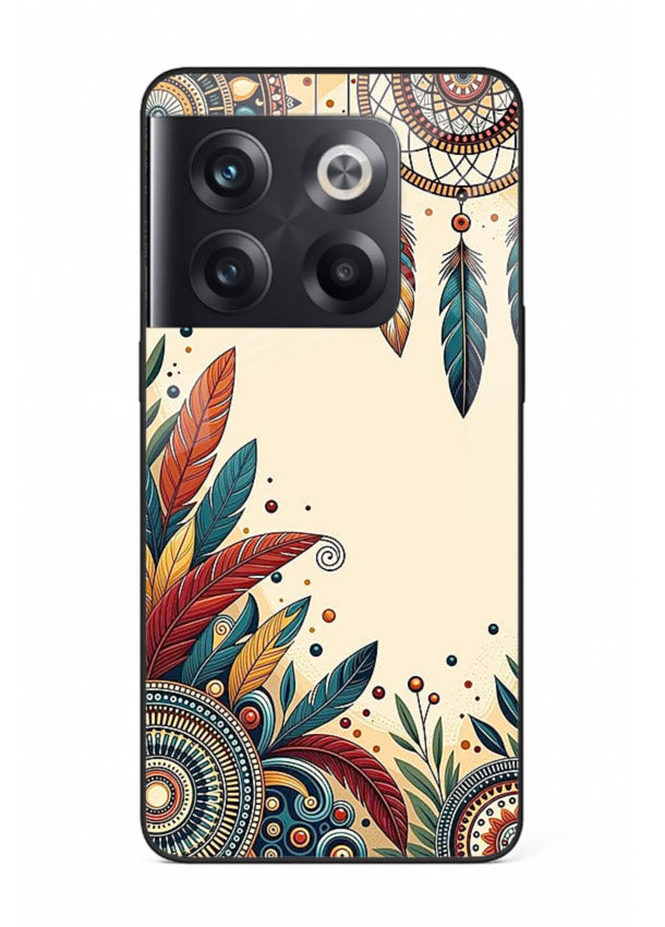 Boho dreamcatcher floral artwork on OnePlus 10T glass back cover with airy botanical details.