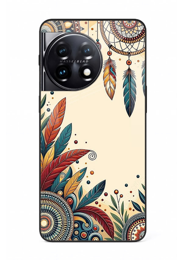Boho dreamcatcher floral artwork on OnePlus 11R glass back cover with airy botanical details.