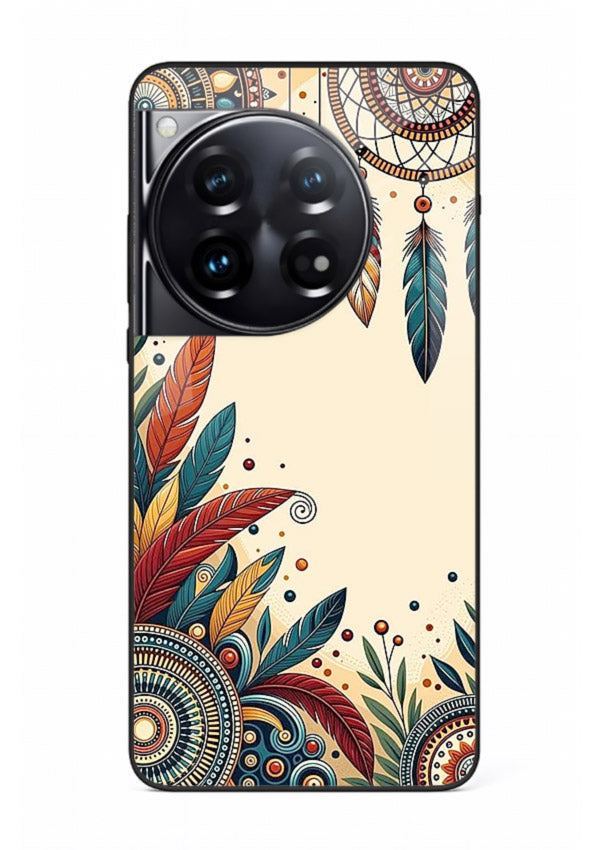 Boho dreamcatcher floral artwork on OnePlus 12 glass back cover with airy botanical details.