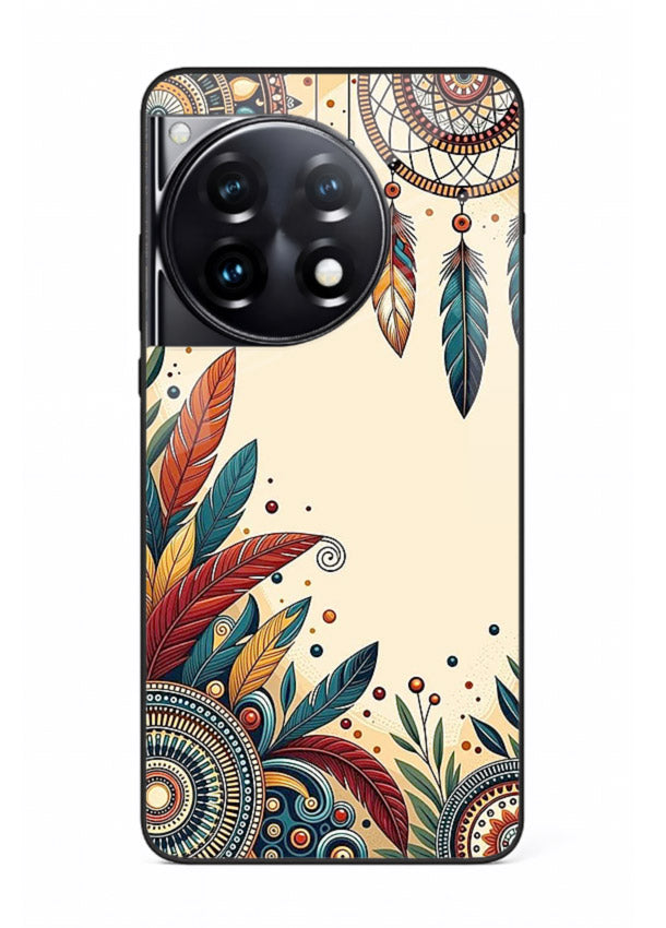 Boho dreamcatcher floral artwork on OnePlus 12R glass back cover with airy botanical details.