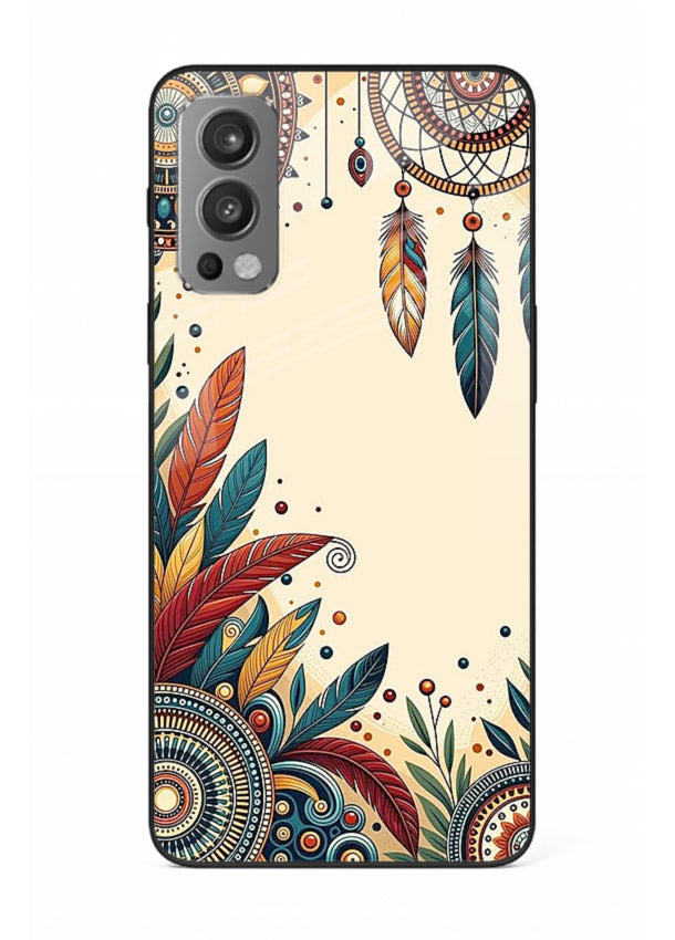 Boho dreamcatcher floral artwork on OnePlus Nord 2 glass back cover with airy botanical details.