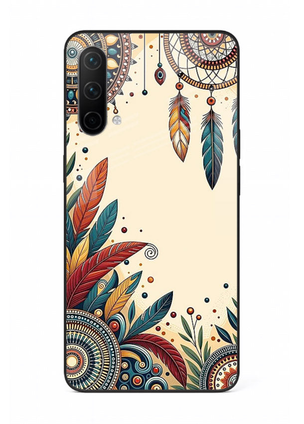 Boho dreamcatcher floral artwork on OnePlus Nord CE 5G glass back cover with airy botanical details.