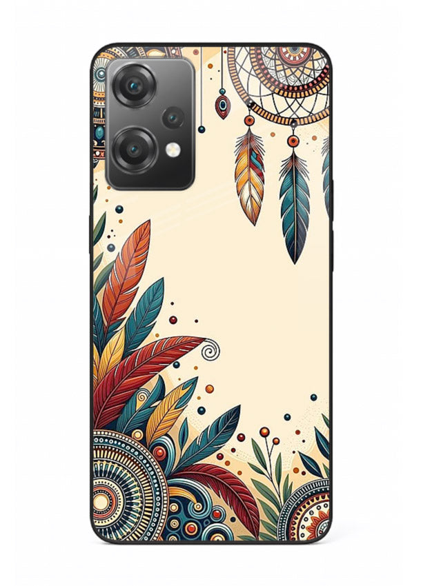 Boho dreamcatcher floral artwork on OnePlus Nord CE2 Lite 5G glass back cover with airy botanical details.