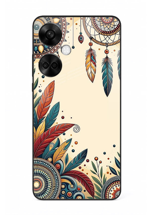 Boho dreamcatcher floral artwork on OnePlus Nord CE3 glass back cover with airy botanical details.