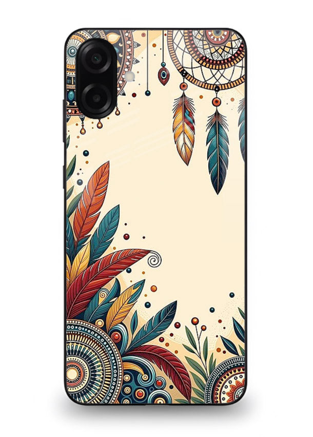 Boho dreamcatcher floral artwork on Samsung M13 5G glass back cover with airy botanical details.