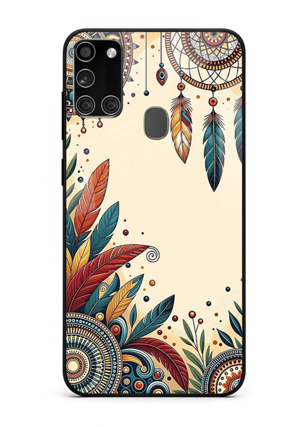 Boho dreamcatcher floral artwork on Samsung A21s glass back cover with airy botanical details.