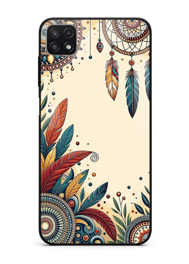 Boho dreamcatcher floral artwork on Samsung F42 5G glass back cover with airy botanical details.