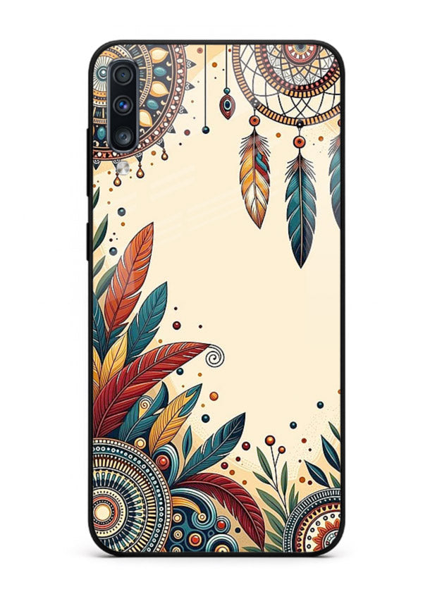 Boho dreamcatcher floral artwork on Samsung A50 glass back cover with airy botanical details.