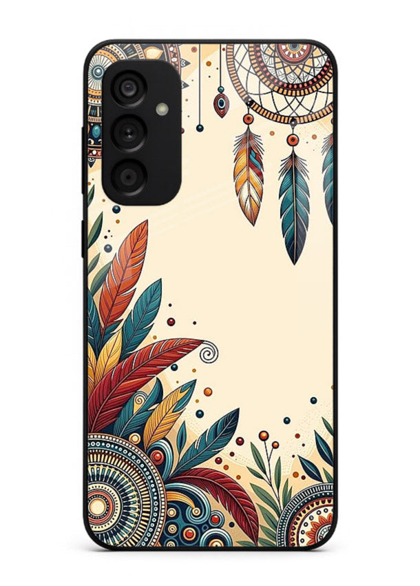 Boho dreamcatcher floral artwork on Samsung A15 5G glass back cover with airy botanical details.