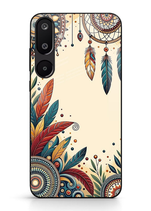Boho dreamcatcher floral artwork on Samsung M16 5G glass back cover with airy botanical details.