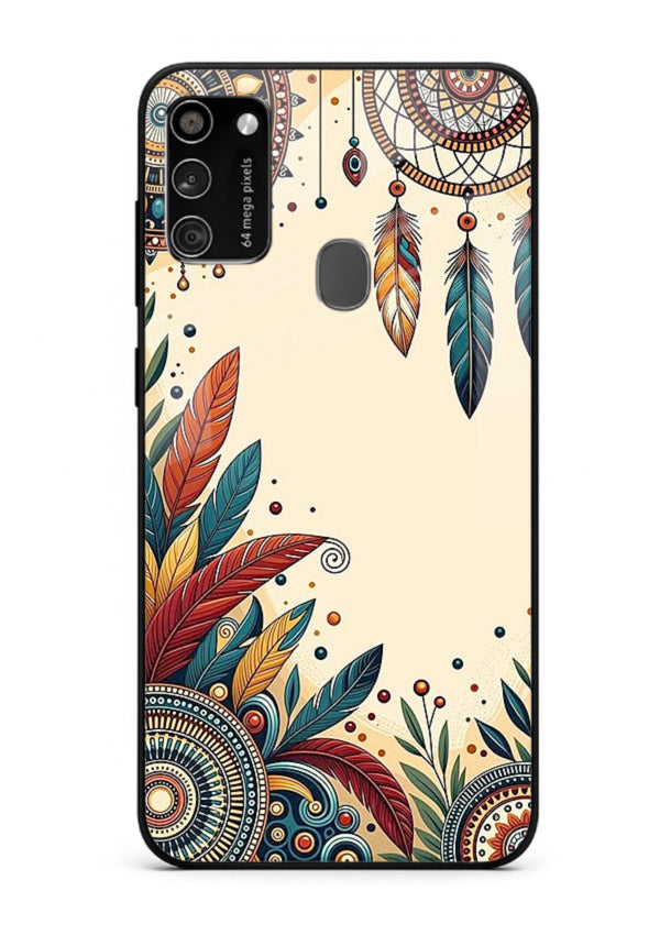Boho dreamcatcher floral artwork on Samsung M30s glass back cover with airy botanical details.