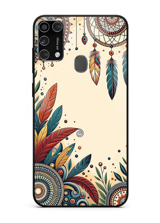 Boho dreamcatcher floral artwork on Samsung M31 Prime glass back cover with airy botanical details.