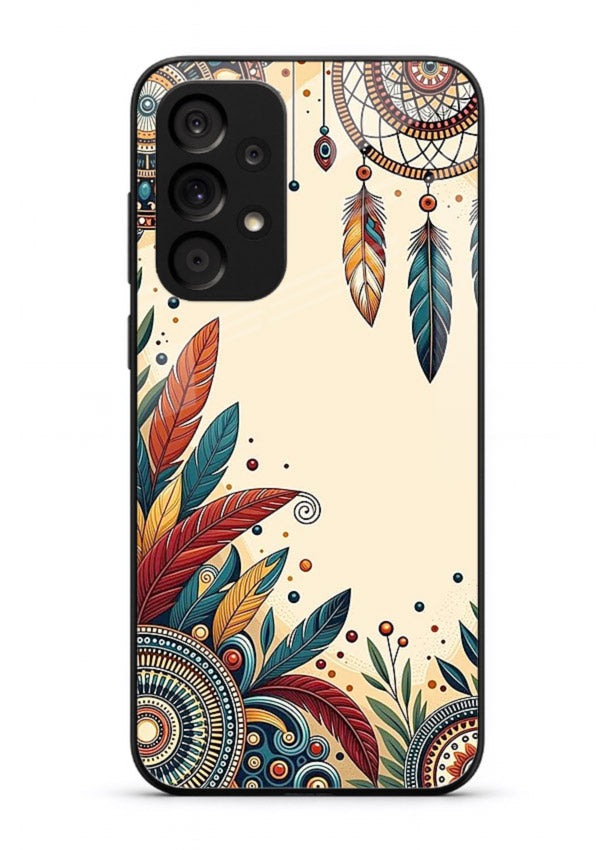 Boho dreamcatcher floral artwork on Samsung A23 5G glass back cover with airy botanical details.