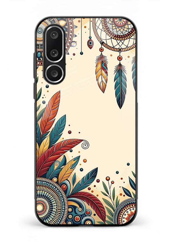 Boho dreamcatcher floral artwork on Samsung M36 5G glass back cover with airy botanical details.