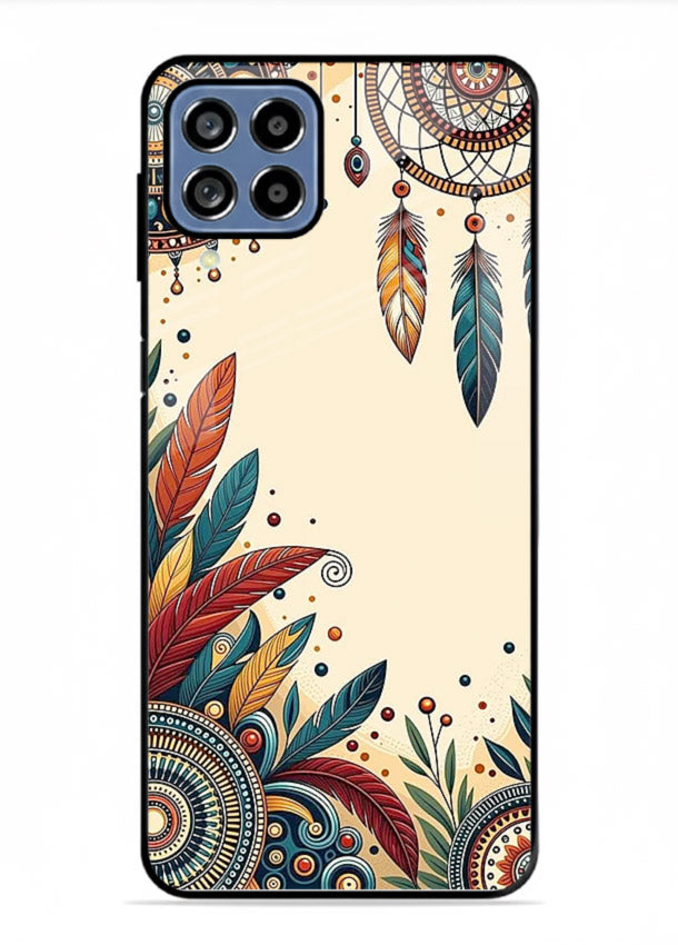 Boho dreamcatcher floral artwork on Samsung M53 5G glass back cover with airy botanical details.