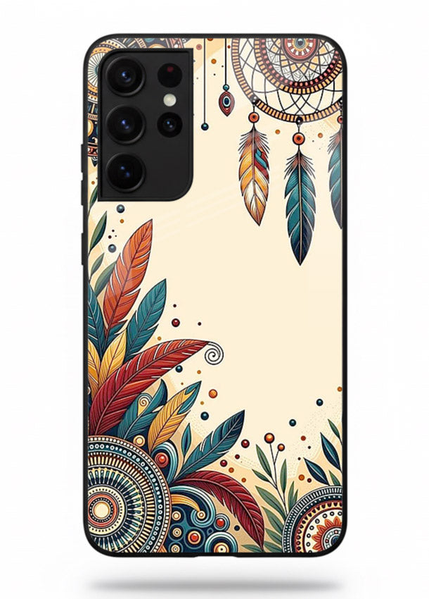 Boho dreamcatcher floral artwork on Samsung S21 Ultra glass back cover with airy botanical details.