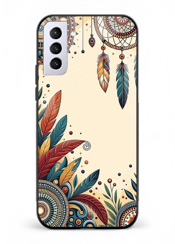 Boho dreamcatcher floral artwork on Samsung S21 Plus glass back cover with airy botanical details.