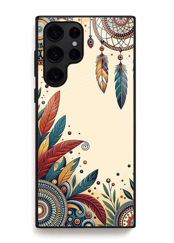 Boho dreamcatcher floral artwork on Samsung S22 Ultra glass back cover with airy botanical details.