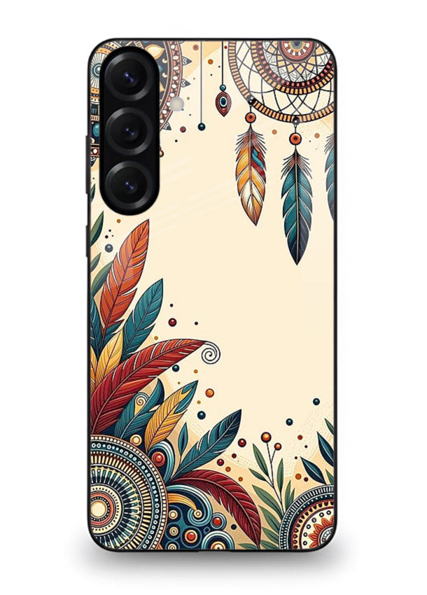 Boho dreamcatcher floral artwork on Samsung A56 5G glass back cover with airy botanical details.