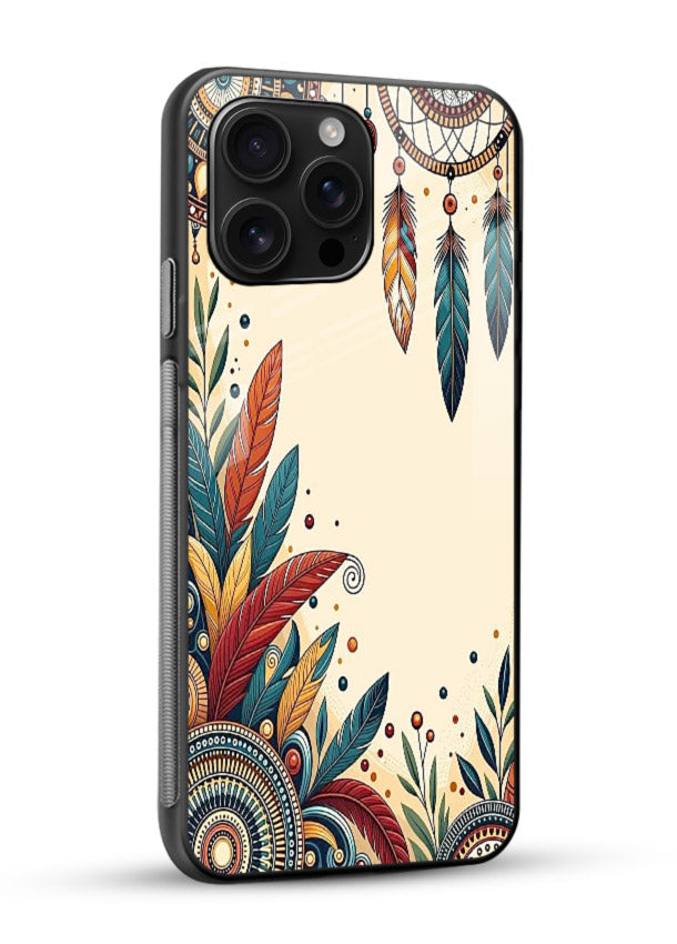 Boho dreamcatcher floral artwork on glossy vibrant premium glass back cover with airy botanical details. - Angle Side