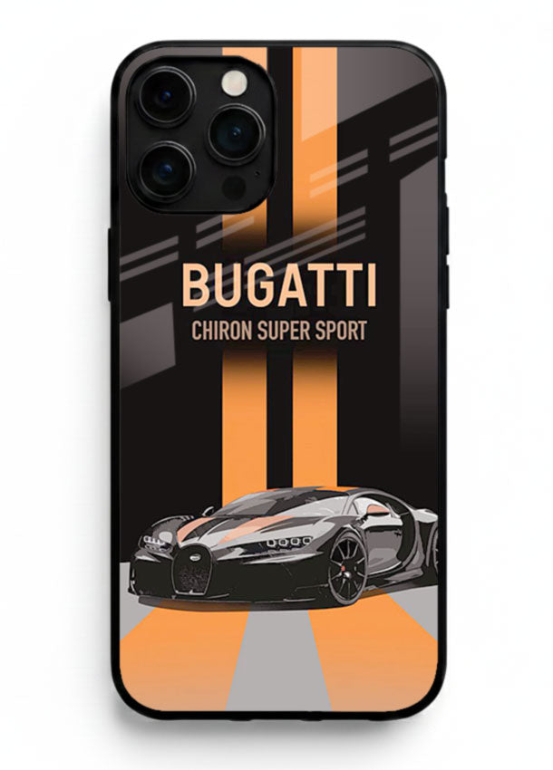 Bugatti hypercar with dual racing stripes in bold luxury design layout for iPhone 16 Pro Max
