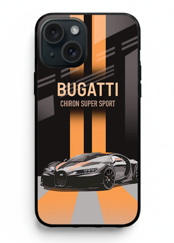 Bugatti hypercar with dual racing stripes in bold luxury design layout for iPhone 15 Plus