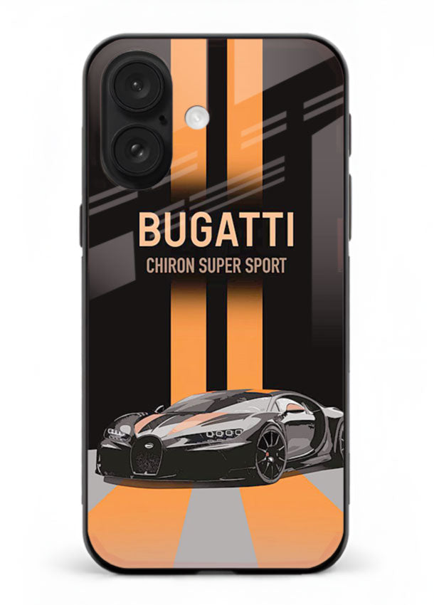 Bugatti hypercar with dual racing stripes in bold luxury design layout for iPhone 18