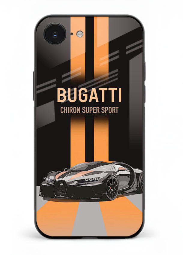 Bugatti hypercar with dual racing stripes in bold luxury design layout for iPhone 16E