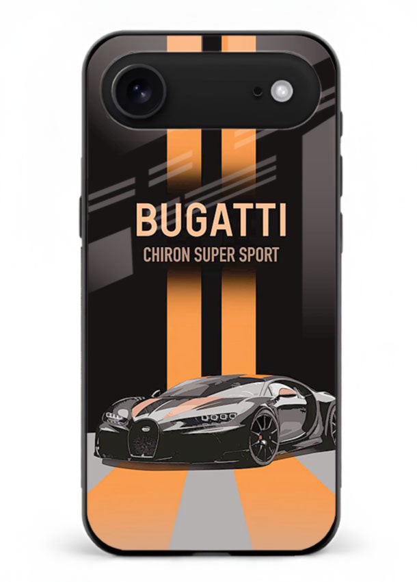 Bugatti hypercar with dual racing stripes in bold luxury design layout for iPhone 18 Air