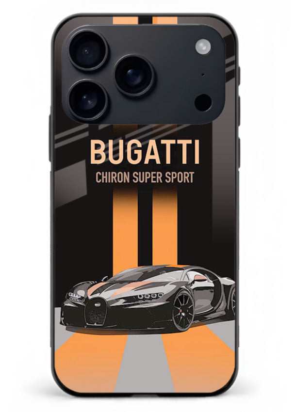 Bugatti hypercar with dual racing stripes in bold luxury design layout for iPhone 18 Pro Max