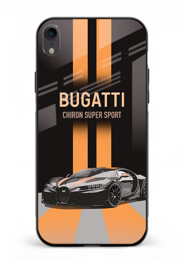 Bugatti hypercar with dual racing stripes in bold luxury design layout for iPhone XR