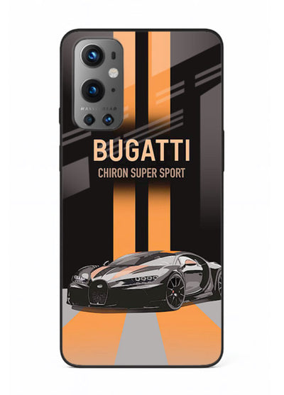 Bugatti hypercar with dual racing stripes in bold luxury design layout for OnePlus 9