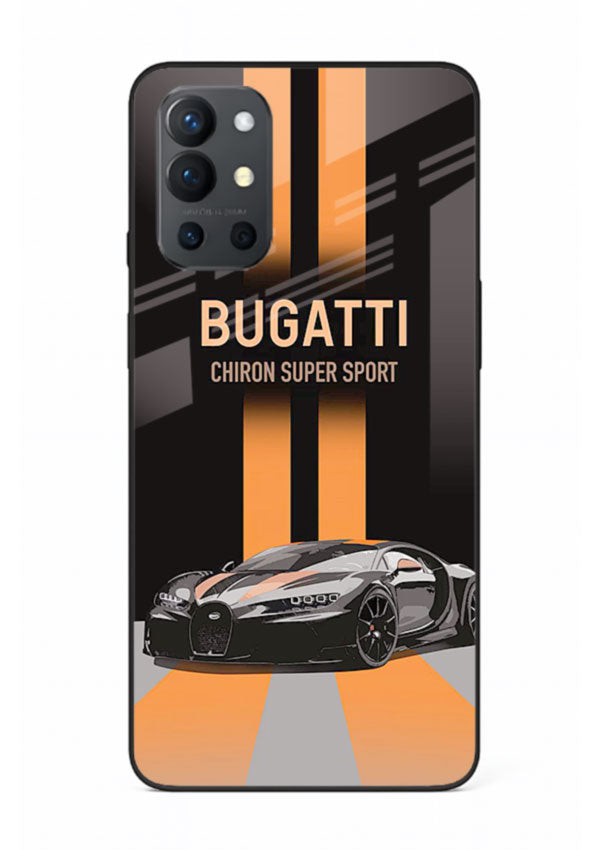 Bugatti hypercar with dual racing stripes in bold luxury design layout for OnePlus 9R