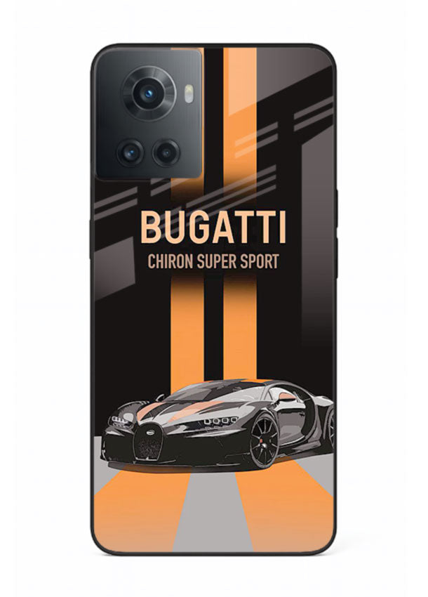 Bugatti hypercar with dual racing stripes in bold luxury design layout for OnePlus 10R