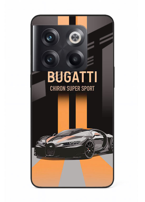 Bugatti hypercar with dual racing stripes in bold luxury design layout for OnePlus 10T