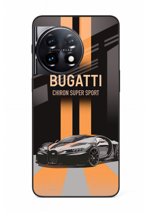 Bugatti hypercar with dual racing stripes in bold luxury design layout for OnePlus 11