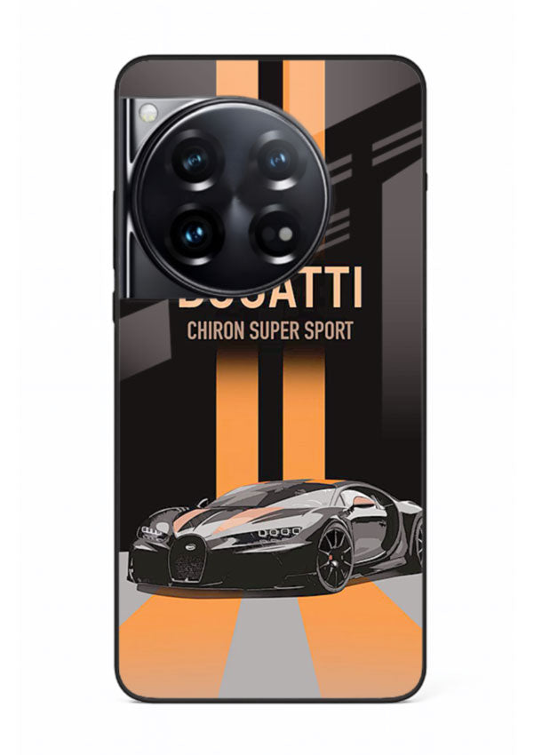 Bugatti hypercar with dual racing stripes in bold luxury design layout for OnePlus 12
