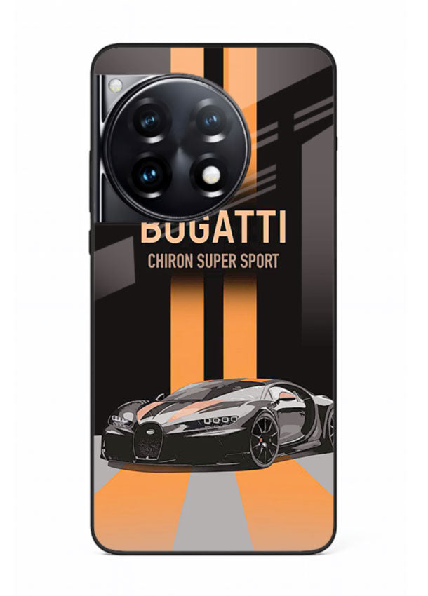 Bugatti hypercar with dual racing stripes in bold luxury design layout for OnePlus 12R