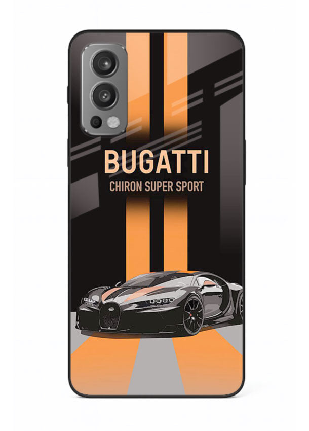 Bugatti hypercar with dual racing stripes in bold luxury design layout for OnePlus Nord 2