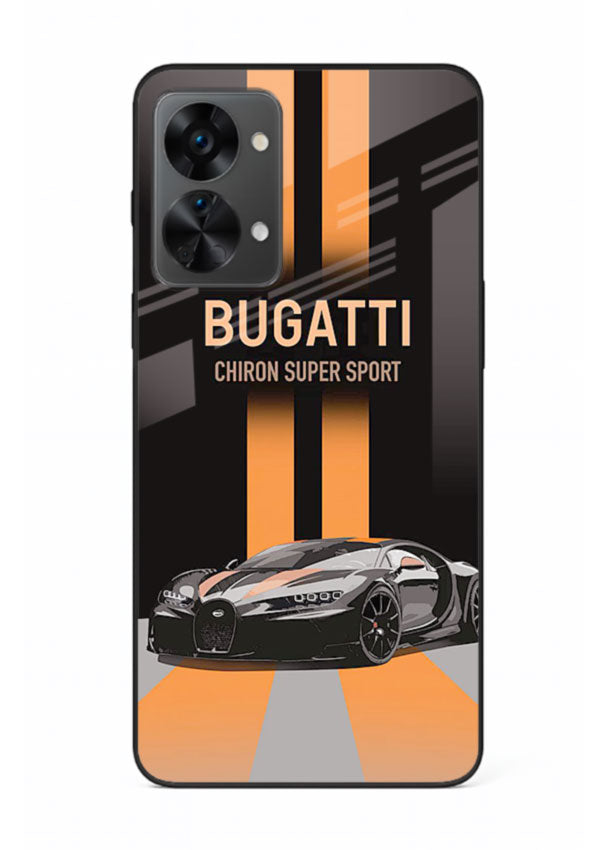 Bugatti hypercar with dual racing stripes in bold luxury design layout for OnePlus Nord 2T