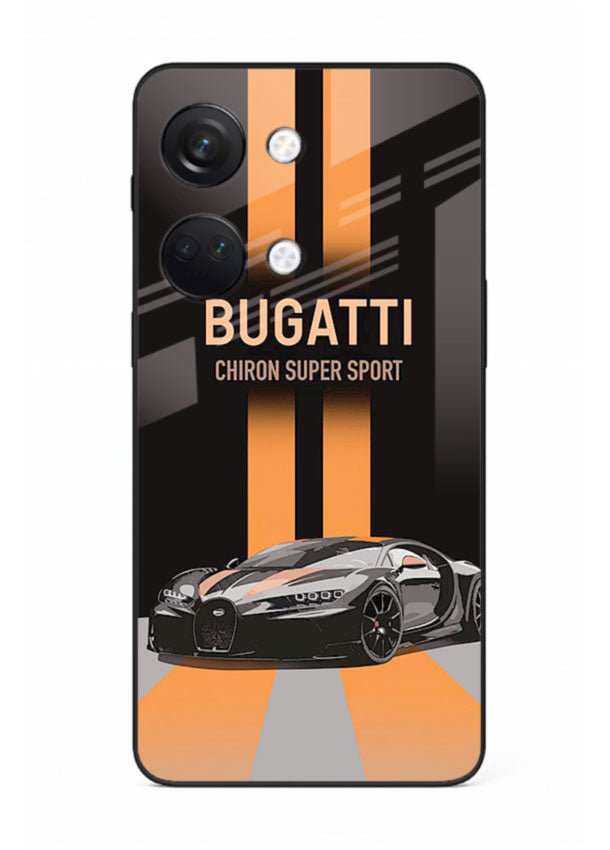Bugatti hypercar with dual racing stripes in bold luxury design layout for OnePlus Nord 3