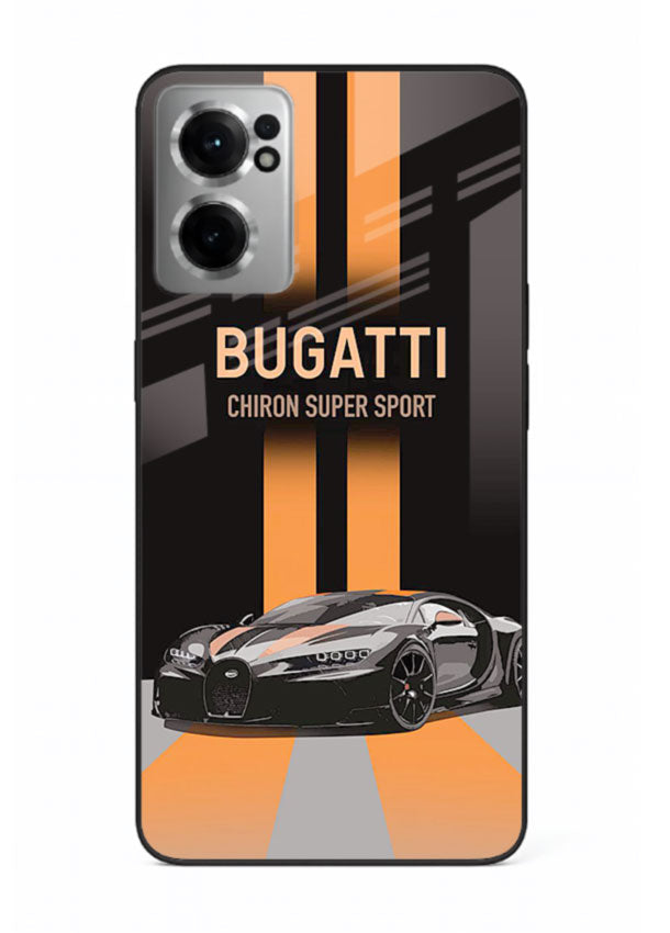 Bugatti hypercar with dual racing stripes in bold luxury design layout for OnePlus Nord CE2 5G