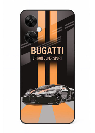 Bugatti hypercar with dual racing stripes in bold luxury design layout for OnePlus Nord CE3 Lite