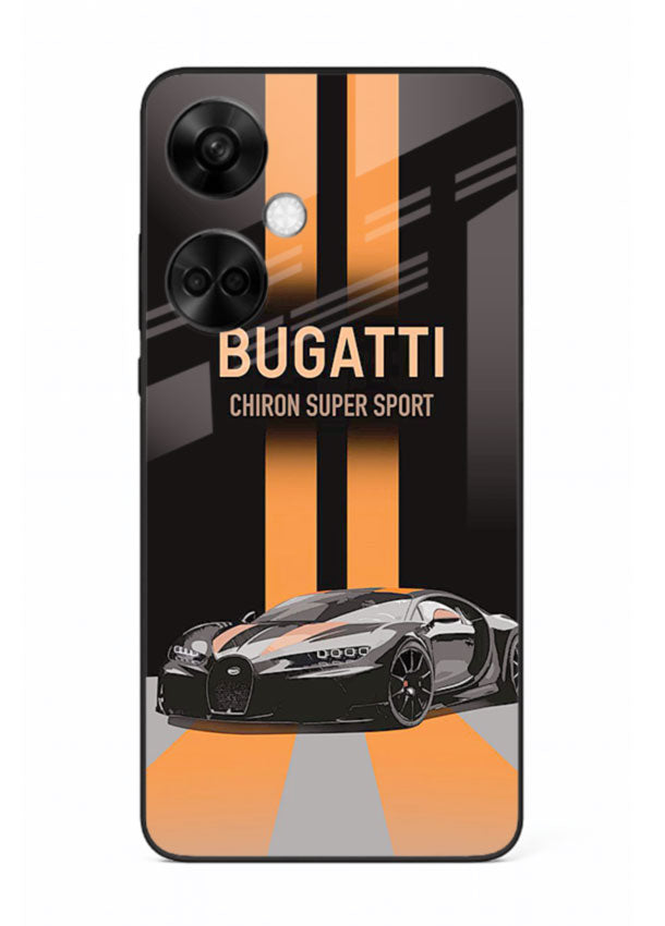 Bugatti hypercar with dual racing stripes in bold luxury design layout for OnePlus Nord CE3