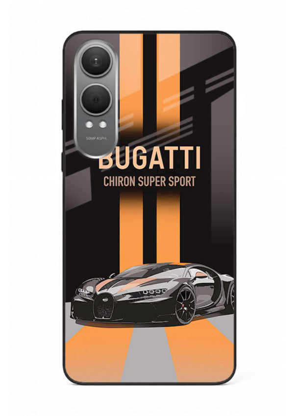 Bugatti hypercar with dual racing stripes in bold luxury design layout for OnePlus Nord CE4 Lite