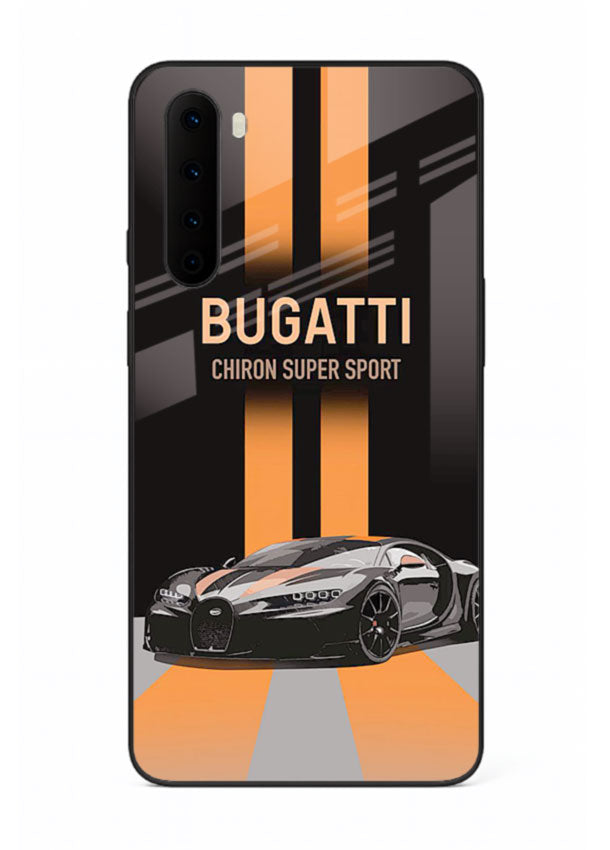 Bugatti hypercar with dual racing stripes in bold luxury design layout for OnePlus Nord
