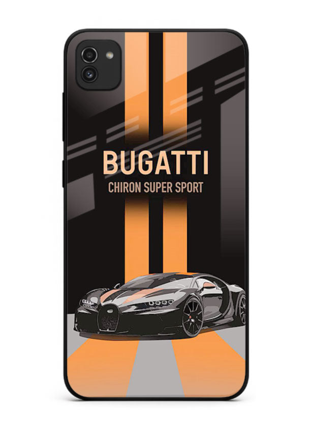Bugatti hypercar with dual racing stripes in bold luxury design layout for Samsung A03