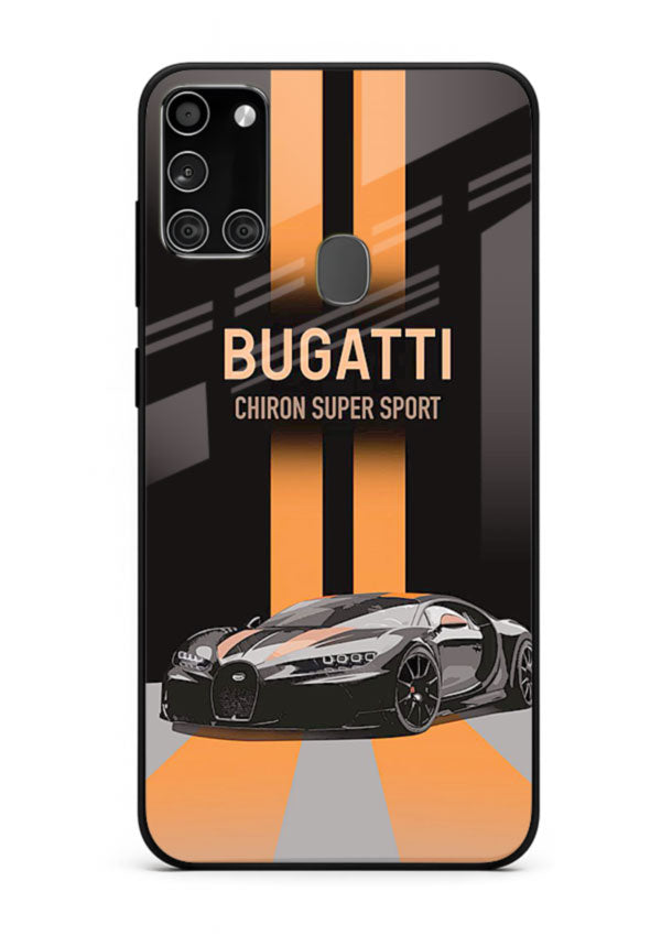 Bugatti hypercar with dual racing stripes in bold luxury design layout for Samsung A21s